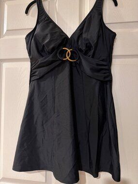 Carol Wior Black Swimsuit Dress Size 14 With Gold Accent Made In USA Nylon & Spa